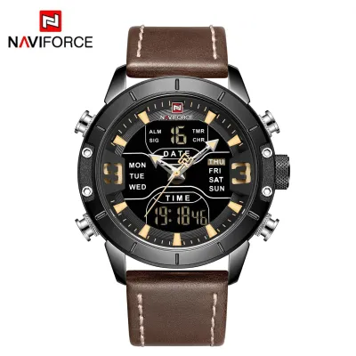 NAVIFORCE NF9153 Watches for Men Dual Display Digital Alarm Clock Fashion Leather Sport Waterproof Wristwatch